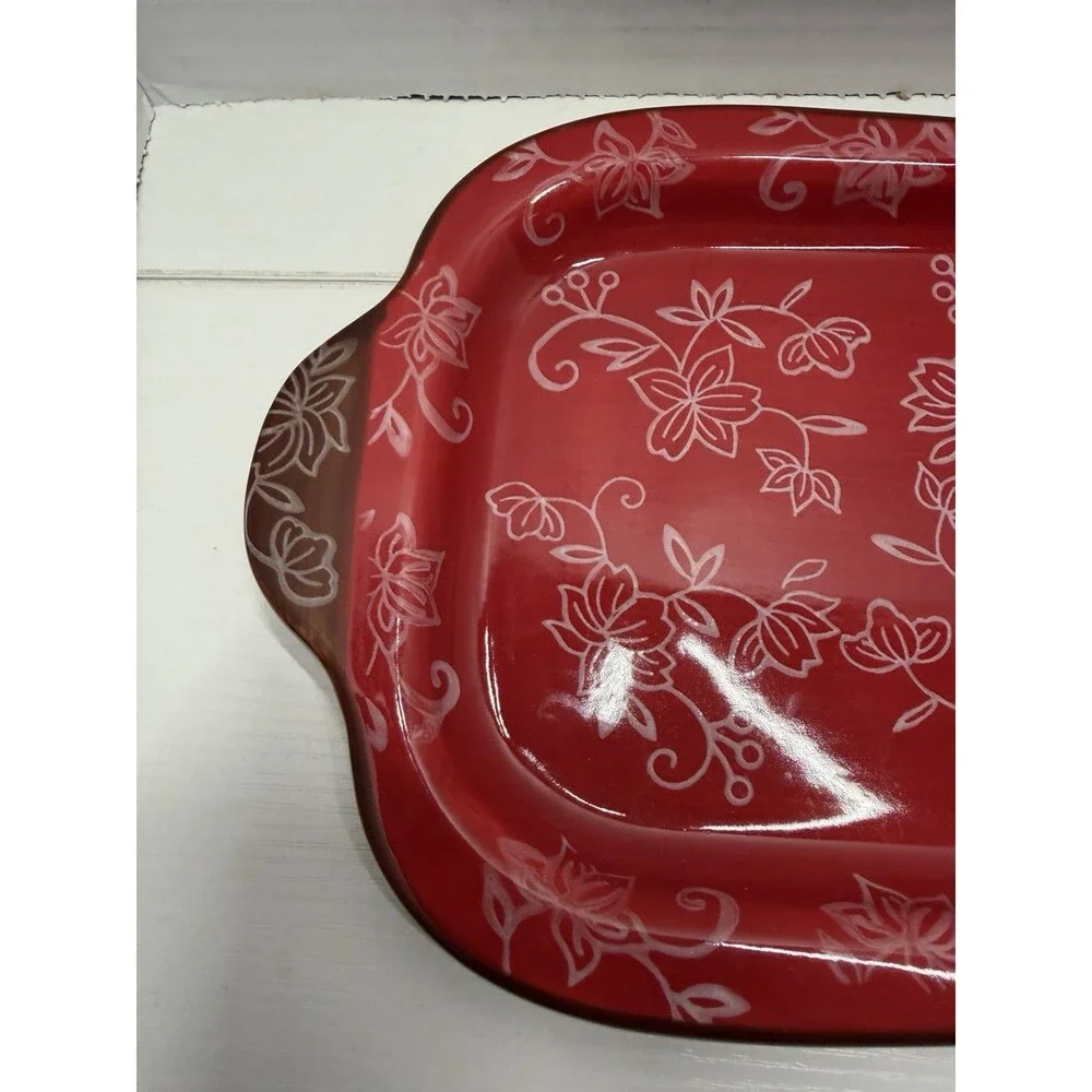 Temp-tation By Tara Presentable Ovenware Serving Plate Red Floral Lace